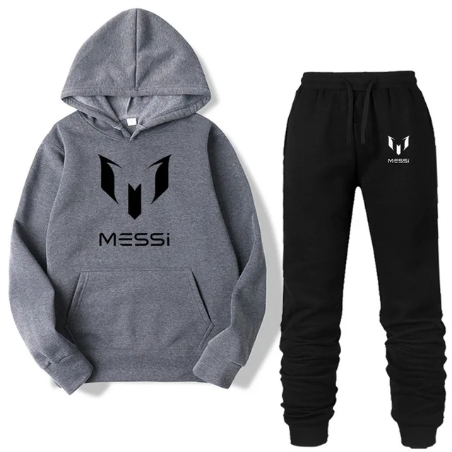 Комплект из двух предметов, модная толстовка с капюшоном MESSI, спортивная одежда для мужчин, спортивный костюм, толстовка с капюшоном, осенняя мужская брендовая одежда, толстовки+ штаны, комплекты - Цвет: Dark grey-B