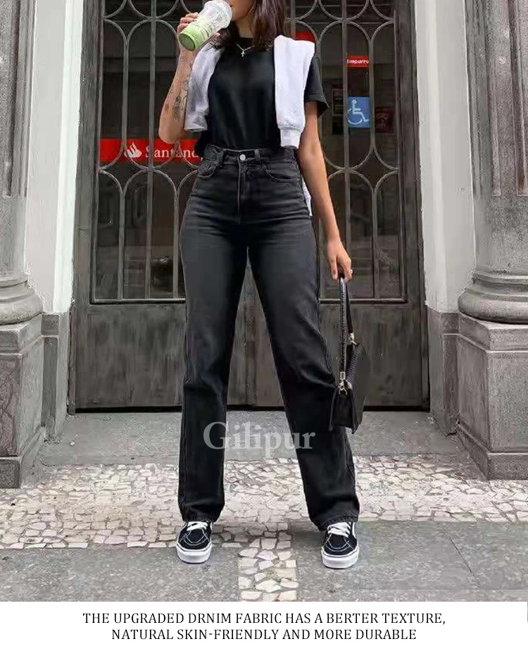 Women's Pants Black Jeans Women 2021 Baggy Jeans Fashion Washed Denim Trousers Straight Pants Mom Jeans High Waist Streetwear american eagle jeans