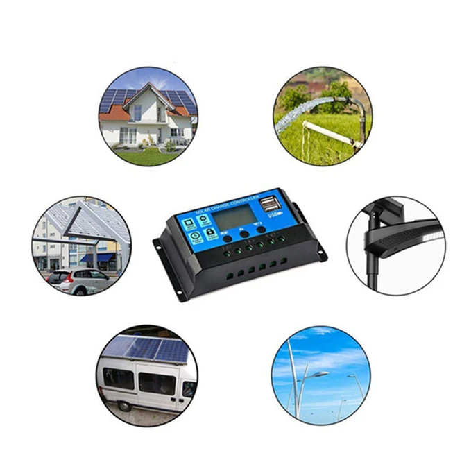 Anos de Garantia Controlador de Carga Regulador de Painel de Célula Pces Solar Automático - 20 30a Pwm Lcd Dupla Saída Usb 5v 10 3 12v 24v 13 20 30a pwm lcd dupla saída usb