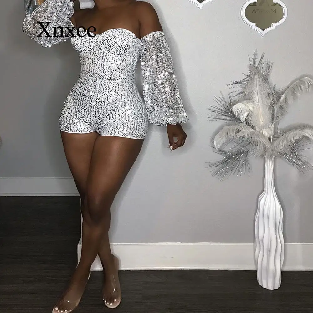 

2020 Backless Bar diamond Sequin Bodysuit Sexy Womens Jumpsuit Glitter Sparkle Backless Playsuit Off Shoulder Lantern Sleeve
