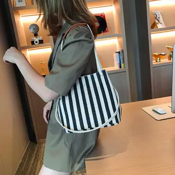 

Fashion Striped Canvas Shoulder Handbag Large Capacity Portable Classic Women Crossbody Shopping Bucket Totes Bags