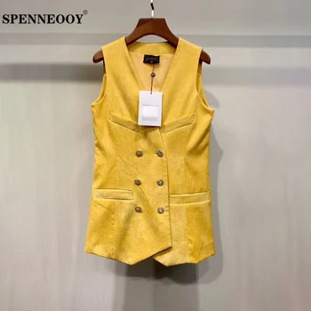 

SPENNEOOY Designer Custom Runway Summer Women Solid Sleeveless Office Outerwear Vest Ladies V-Neck Button Elegant Coats Vest
