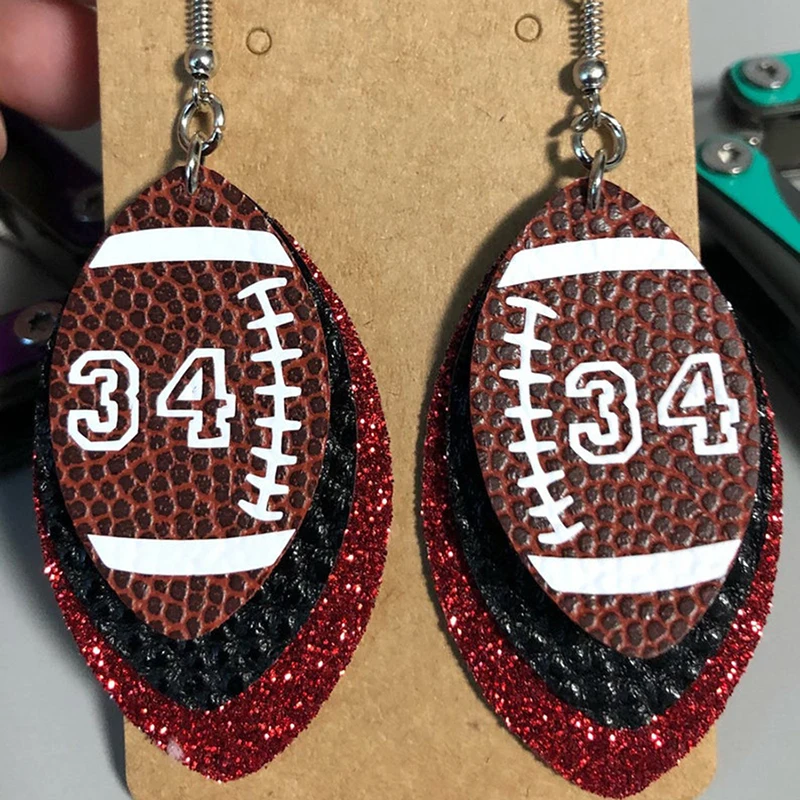

3D Glitter Sequins 3 Layer Football Number Teardrop Faux Leather Earrings Color Layered Team Spirit Earrings Cheer Sport Gifts