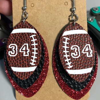 

3D Glitter Sequins 3 Layer Football Number Teardrop Faux Leather Earrings Color Layered Team Spirit Earrings Cheer Sport Gifts