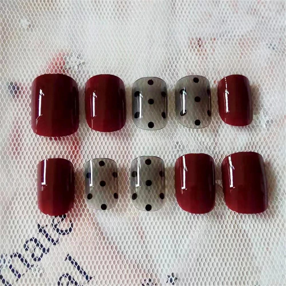24pcs Fashion Fake Nails with Glue for Girls Red Color DIY Nail Art Tips 3D Dot 3