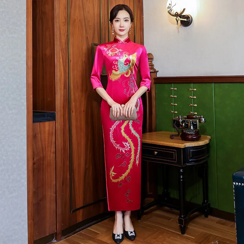 Китайское традиционное винтажное женское розовое Qipao с высоким разрезом вечерние платья для выпускного вечера элегантные Феникс Cheongsam восточные длинные платья