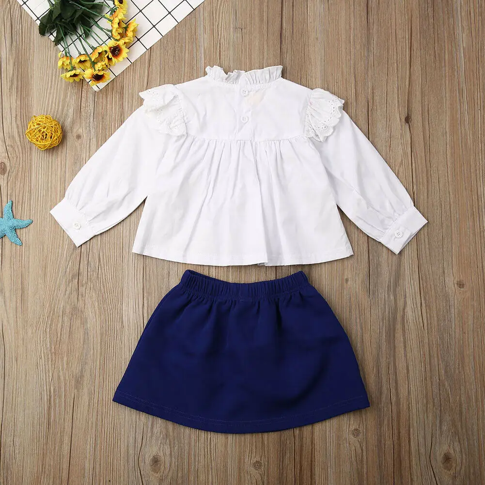 1-6Y Детские комплекты одежды для маленьких девочек; белые кружевные топы с длинными рукавами; синяя юбка с оборками; комплект одежды