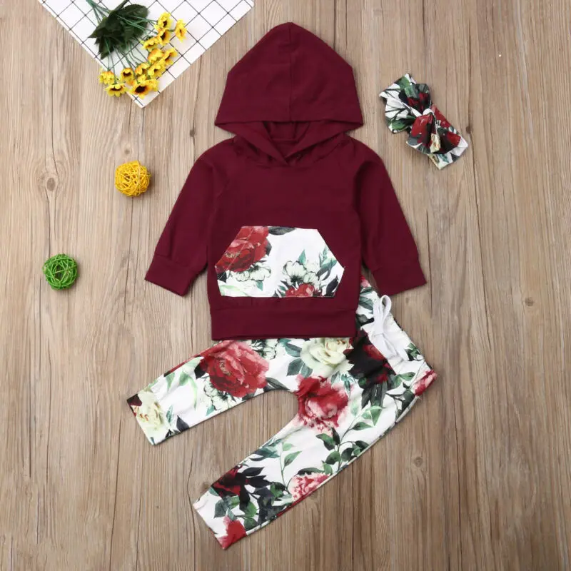 

Newborn Baby Girl Flower Hooded Tops Long Pants Headband 3Pcs Outfit Set Clothes