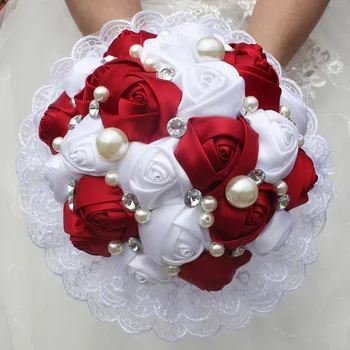 

Silk Rose Pearls Beaded Wine Red Wedding Flowers Bridal Bouquets Romantic Lace Wedding Bridesmaid Bouquet Flowers W239-2