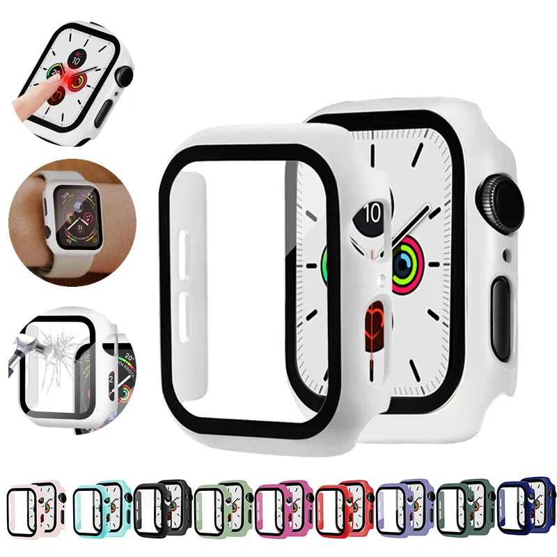 Vidro + caso para apple assistir serie 6 5 4 3 se 44mm 40mm iwatch caso 42mm 38mm protetor de tela abundante + capa apple assista accessorie