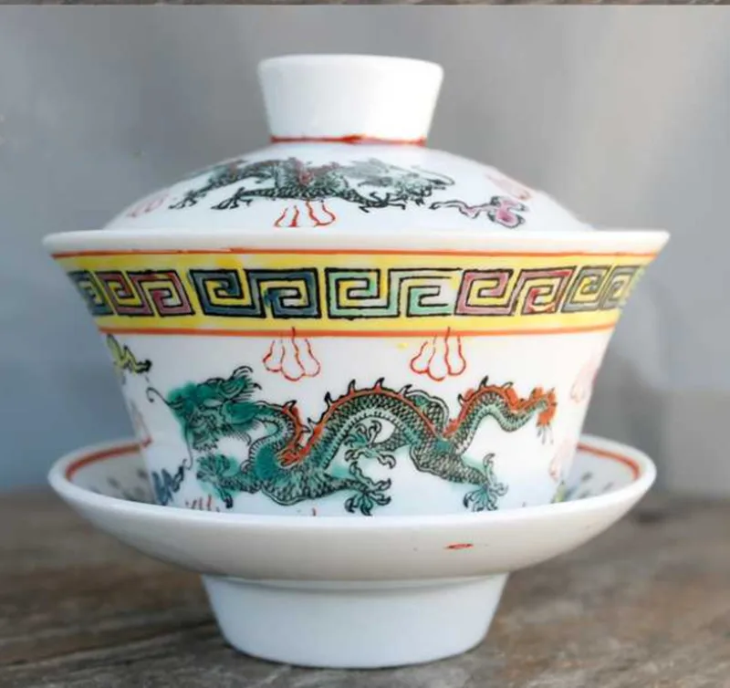 Ручная роспись Shuanglong Xizhu Gaiwan Jingdezhen Культурная революция Фарфоровая керамика
