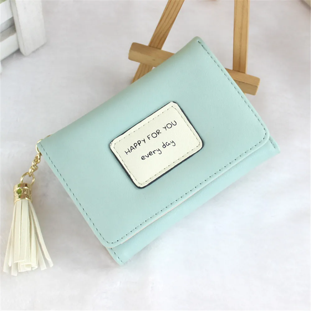 Синий Womens Short Card Holder ID Card Case Wallet Purse Tassel Three Fold Cute Student Wallet Small Fresh for Female Girls - Цвет: Синий