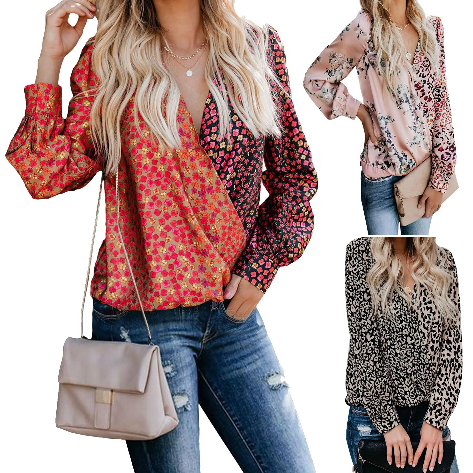 

New Leopard Print Contrast V-neck Long Sleeve Blouse Women's Joker Shirt In Spring and Summer Womens Tops Plus Size Clothes 2020