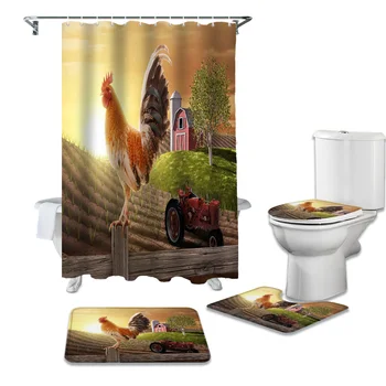 

Rooster Farm Tractor Shower Curtains Set Bath Mat Set Toilet Cover Waterproof Bathroom Shower Curtain and Rug Sets