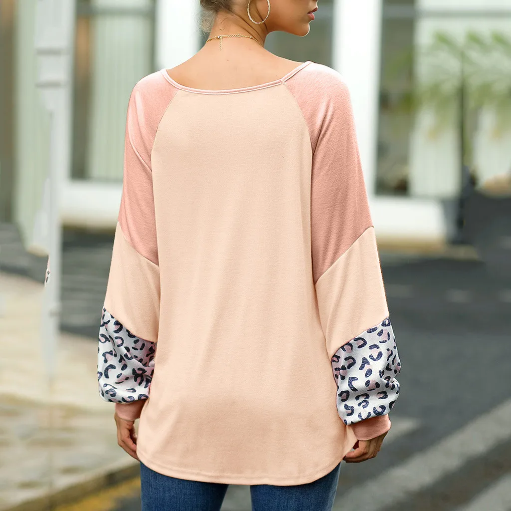 2019 ladies leopard solid color stitching long-sleeved shirt sweater 
