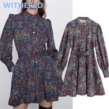 

Withered england style vintage floral print Jewelry buttons sashes party mini dress women vestidos de fiesta de noche vestidos