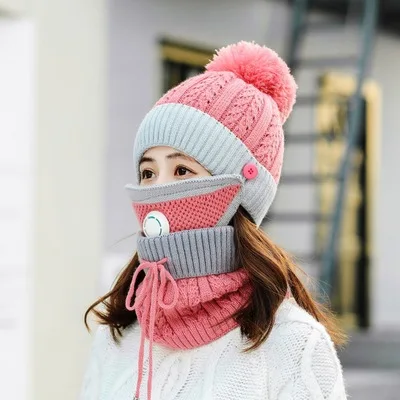 Зимние женские шапки, 3 шт., теплые шапки бини, шапки Skullies с маской, воротник, нагрудник, женские толстые, анти-смоговые, вязаные шапки, Прямая поставка