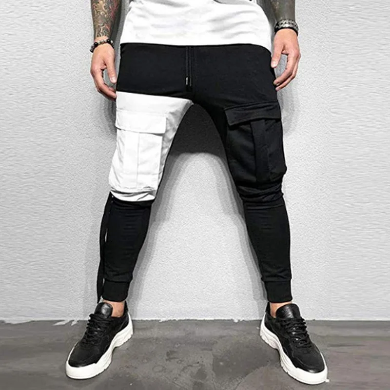 

E-BAIHUI men's streetwear pants autumn men stitching long pants slim hip hop pants causal full length pants fashion pocket pants