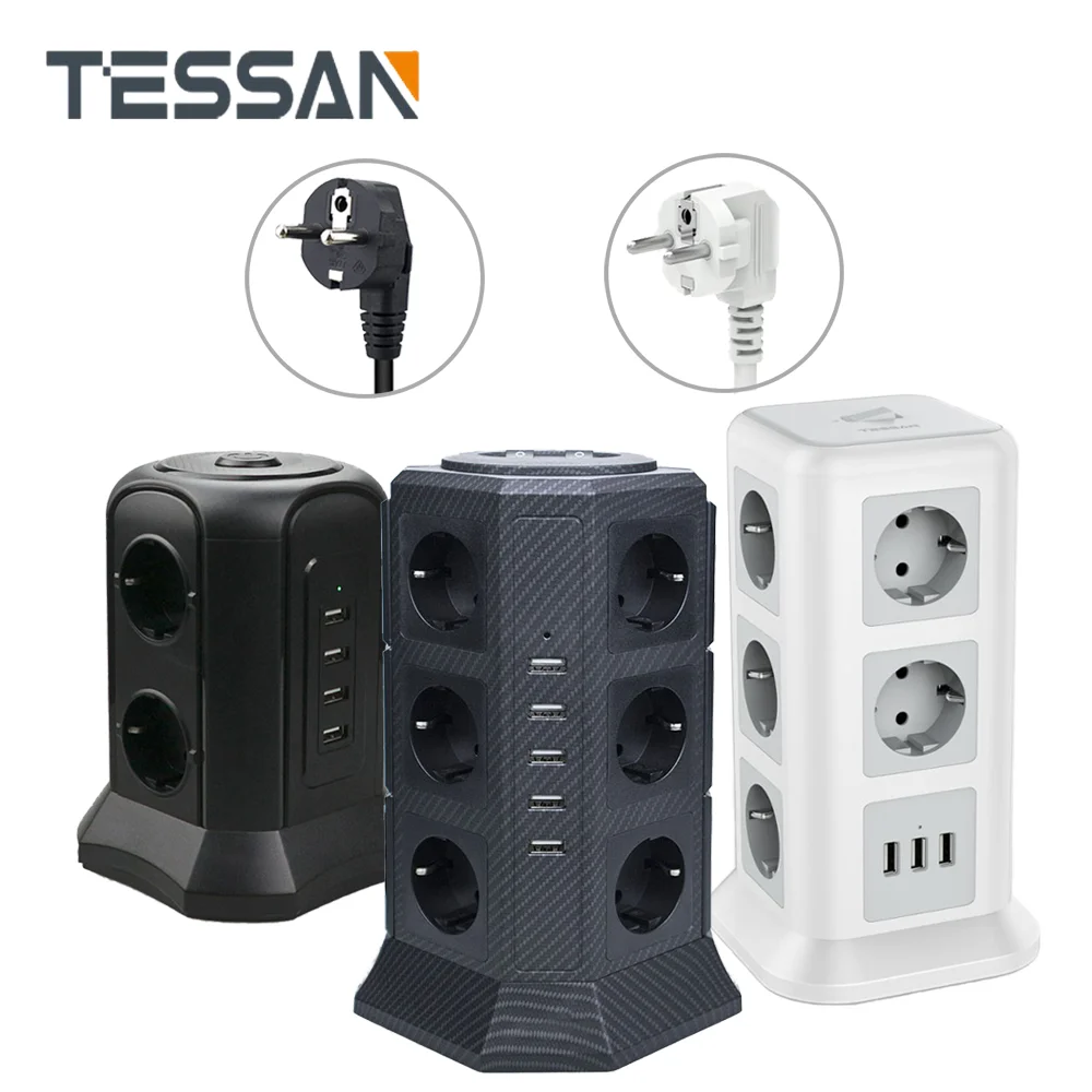 

TESSAN EU Power Strip Tower with 12 Outlets 5 USB and 2m Extension Cord Extension Power Socket For charger EU plug
