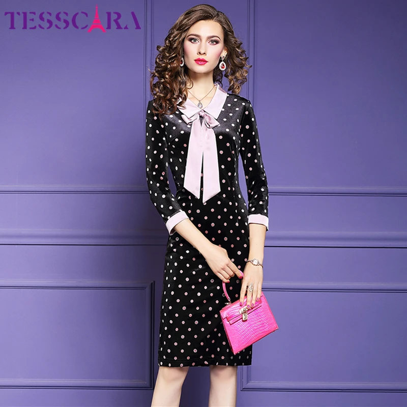 TESSCARA/осеннее женское элегантное бархатное платье в горошек, женское дизайнерское офисное платье-карандаш с бантом, женские вечерние платья, большие размеры