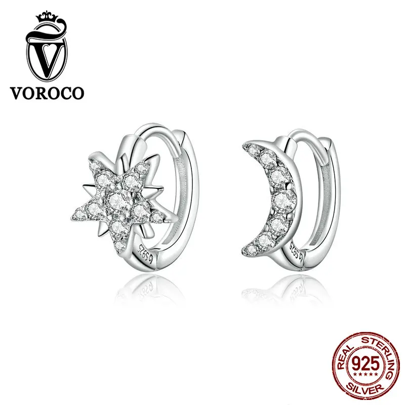 VOROCO BNE289 925 пробы серебряные изысканные серьги-кольца с Луной и звездой для женщин, подарок для фестиваля, хорошее ювелирное изделие, гипоаллергенные серьги