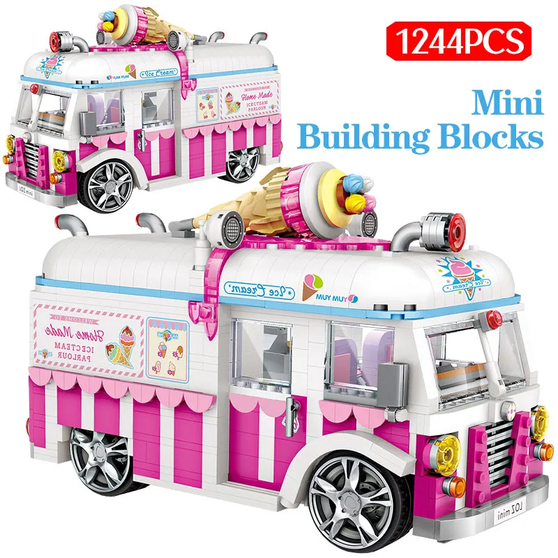 

1244pcs Mini Ice Cream Van Pink Car Building Blocks Cake Bus Dining Car Truck Bricks Model Toys for Kids Creator Friends