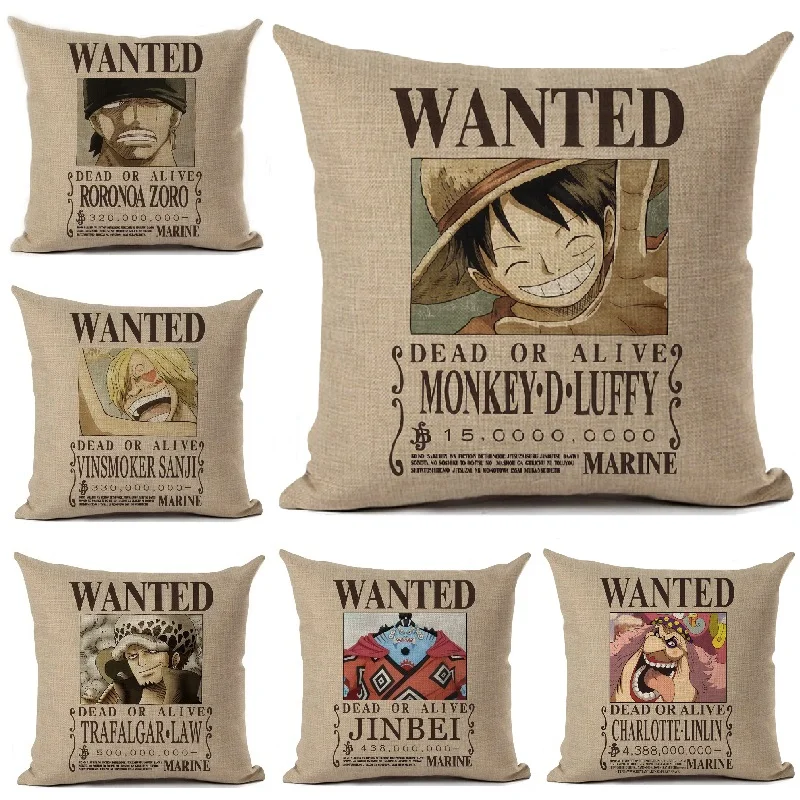 

Anime One Piece Wanted Order Cushion Cover Cartoon Home Decoration Living Room Sofa Waist Throw Pillows Decorative Pillowcase