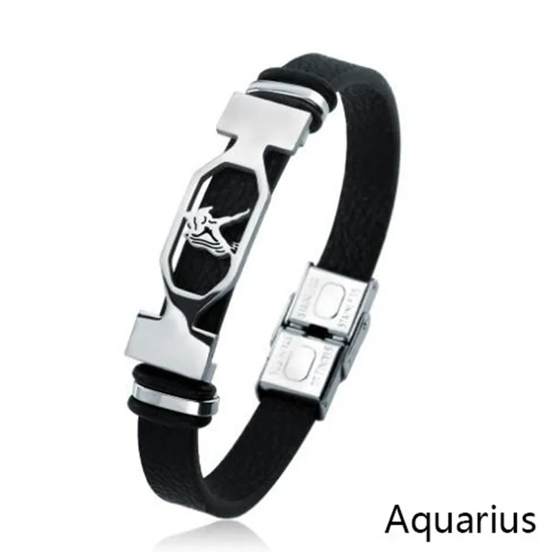 12 созвездий браслеты из нержавеющей стали мужские кожаные очаровательные повседневные индивидуальные браслеты и браслеты ювелирные изделия для женщин браслеты - Окраска металла: aquarius