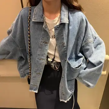

Fashionable new loose short retro long sleeve denim jacket