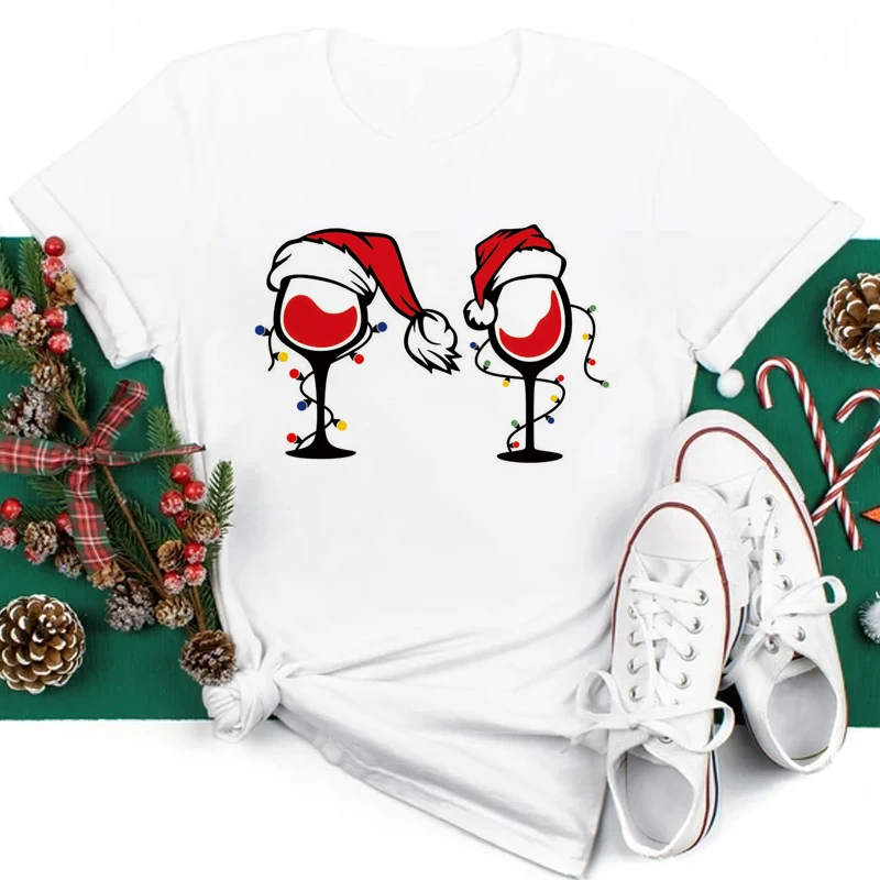 Bicchiere da vino Cappello natalizio Donna T-sh Fashion Lady Holiday Buon Natale Capodanno Top Cartoon Sh Donna Nero965_voghion.com