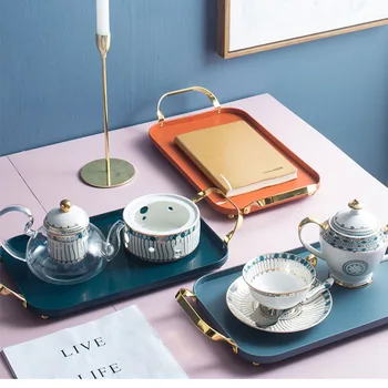 

European Art Light Luxury Metal Binaural Storage Tray Modern Home Tea Cup Food Jewelry Cosmetic Storage Tray Fruit Dessert Table