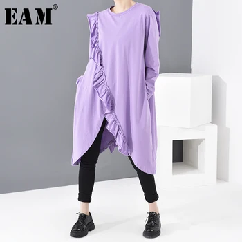 

[EAM] Women Ruffles Asymmetrical Big Size Long T-shirt New Round Neck Long Sleeve Fashion Tide Spring Autumn 2020 1N47214