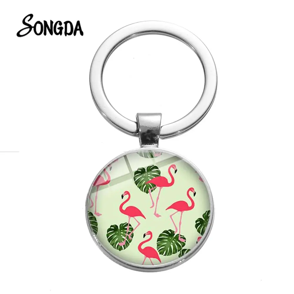 

SONGDA Flamingo Green Plants Keychain Palm Leaves Flowers Bird Art Picture Glass Cabochon Key Ring Women Charm Car Bag Chaveiro