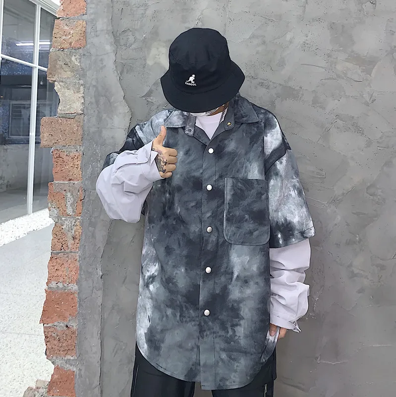 Tie Dye, Женская длинная блуза большого размера,, женская, поддельная, из двух частей, в стиле пэчворк, свободная, хип-хоп, рубашка с отворотом,, BF, с карманом, Ullzang, Мужской Топ