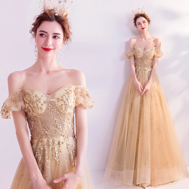 

Women Gold Sequins Evening Dress Long A Line Off the Shoulder Sweetheart Neck Prom Dresses Formal Gown Abendkleider
