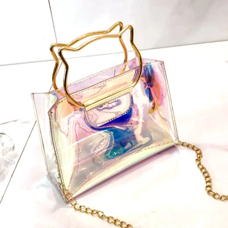 

New Style Jelly Transparent Laser Symphony INS Mini Cat Ear Chain Hand Shoulder Oblique Square Sling Bag Women's