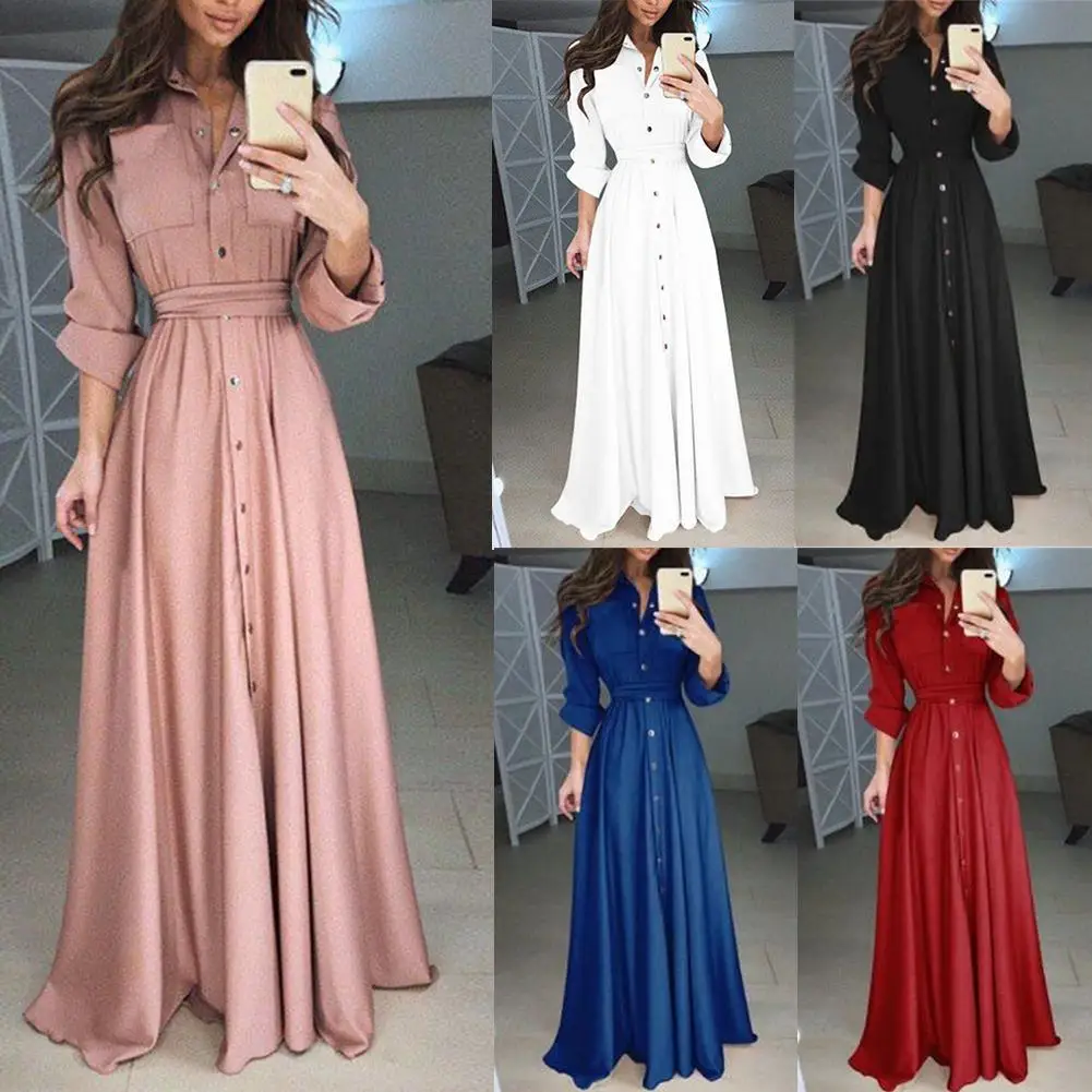 

Women Autumn Winter Dress Women Long Sleeve Elastic Party Dress Lapel button long skirt slim lace Dress