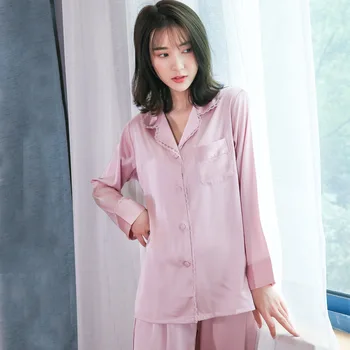 

Spring and Autumn New Women's Pajamas Viscose Fiber Lapel Pajamas Set Silk Lace Cardigan Casual Fashion Silk Sleepwear Set