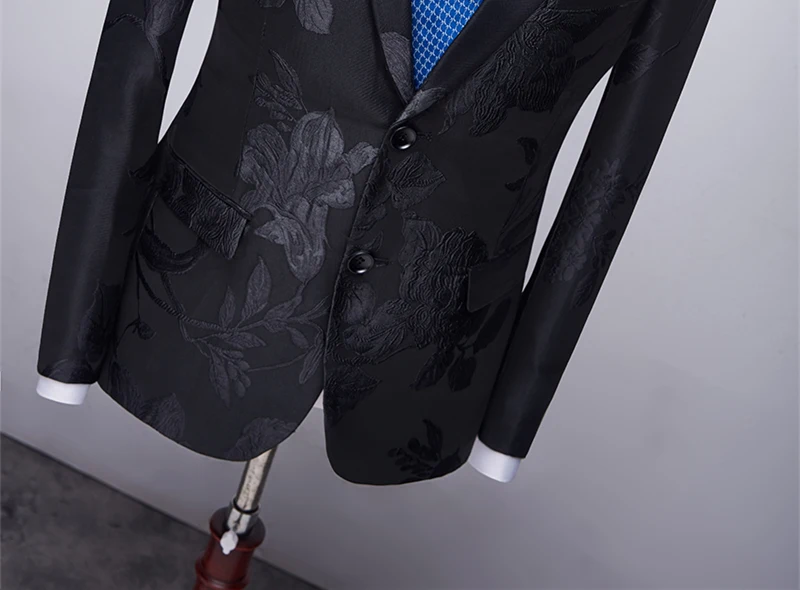 Fashion Black Floral Jacquard Men Blazer High Quality 4XL Man Blazer Casual Suit Jacket Slim Fit Groom Wedding Prom Blazers Q819