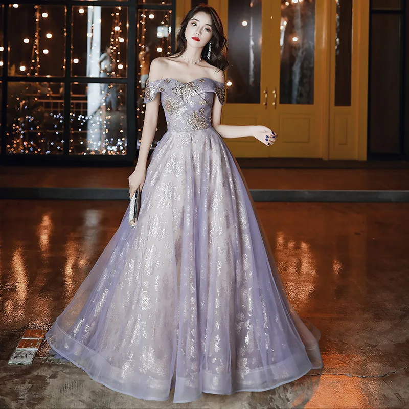 

Purple Sequins Chinese Oriental Wedding Female Off Shoulder Cheongsam Vintage Evening Dress Elegant Celebrity Banquet Dresses