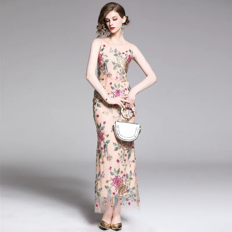 

2019 Summer New Style Europe And America WOMEN'S Dress Crew Neck Sleeveless Gauze Embroidered Slim Fit Dress