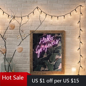 

Hello Gorgeous Neon Sign with Banana Leaves Print Neon Wall Art Picture Canvas Painting Botanical Home Room Decor Wall Decor