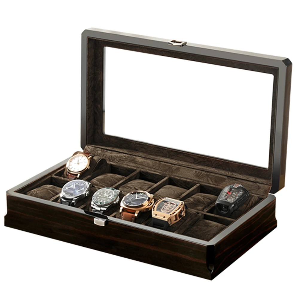 Винтаж элегантные часы смотреть деревянная коробка упаковочная коробка для рояльным лаком отображения 12-позиционный складские часы ювелирные изделия держатель изысканный коробка - Цвет: black