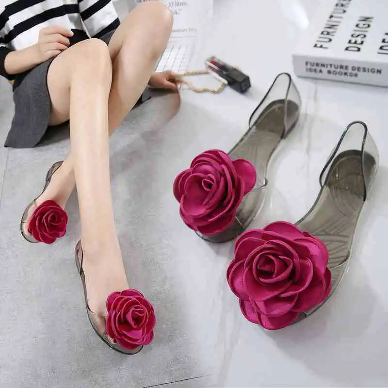 

2019 New Style Sweet Fashion Casual Foot Covering Rose Flower Crystal Jelly Sandals Fish Mouth Flat Sandals