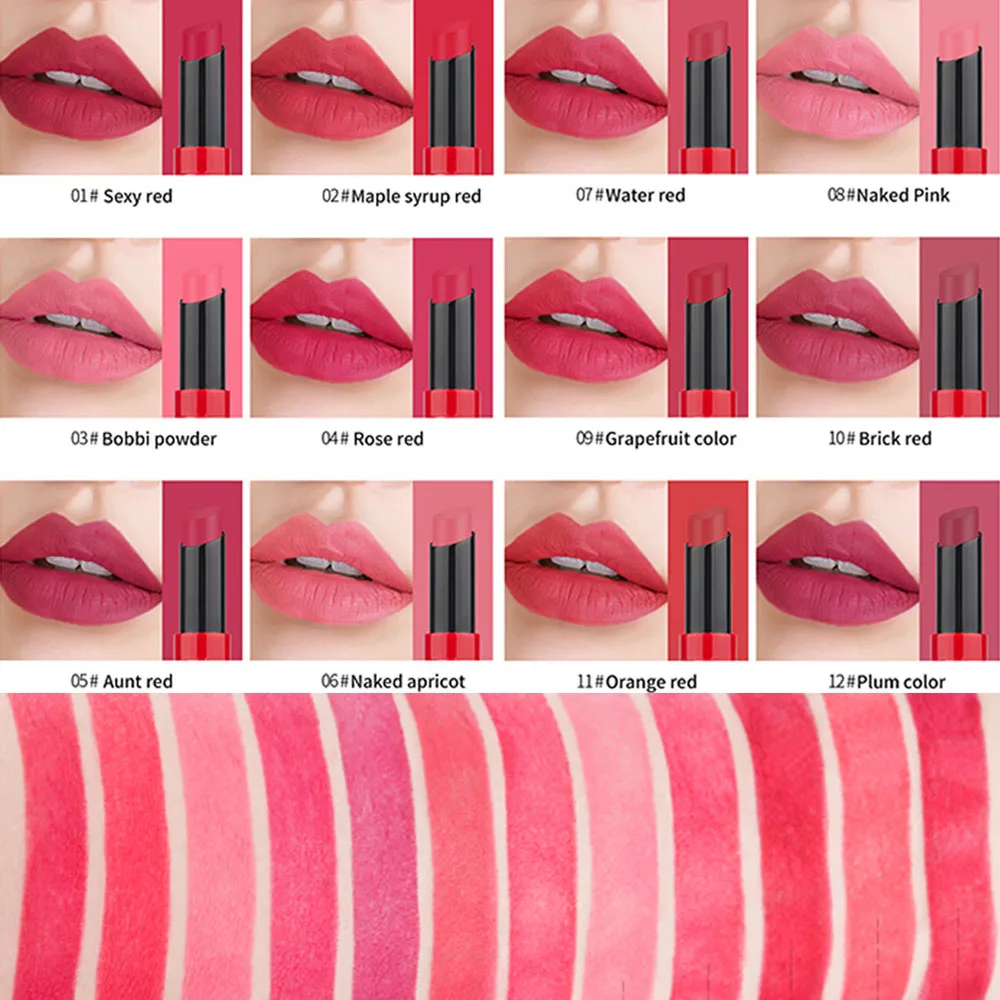 12Colors Matte Lipstick Waterproof Makeup Lipstick Nude Velvet Long Lasting Lip stick Sexy Red Pigments Beauty Lips Batom
