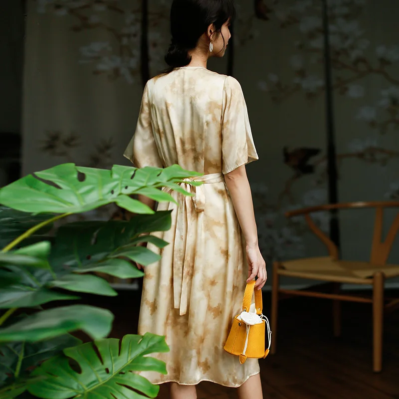 ROJAY тяжелое шелковое платье Cheongsam в юном стиле с низким воротником винтажное шелковое платье трапециевидной формы боди летнее Hanfu