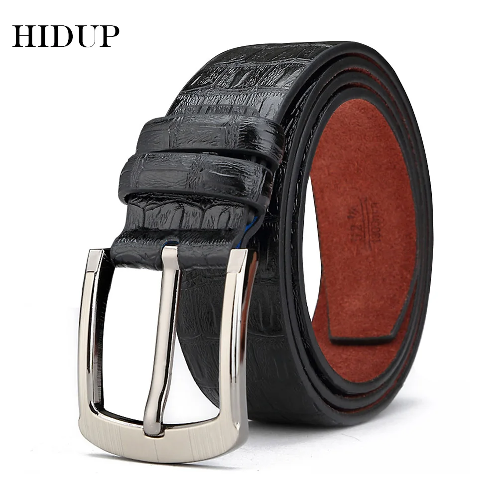 

HIDUP 2020 New Fashion Crocodile Pattern Cow Genuine Leather Belts Good Quality Design Pin Buckle Metal Belt Men 3.5cm NWJ427