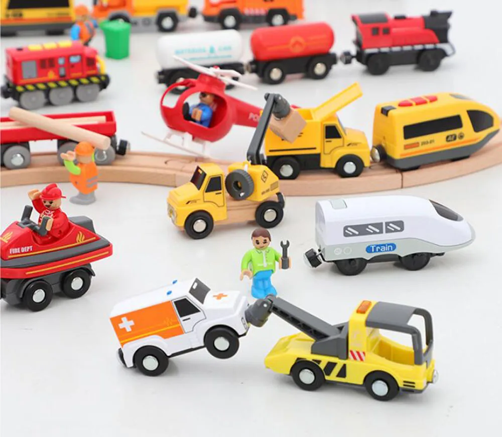 Neues Feuerwehrauto Magnetische Eisenbahn Krankenwagen Polizeiauto Feuerwehrhelikopter Kompatibel mit Brio Holzschienen Kinderspielzeug – Detail 8