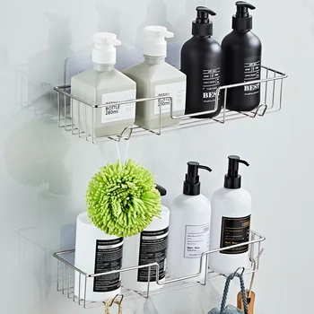 

2 Pcs/set Stainless Steel Bathroom Storage Self-adhesive Kitchen Bathroom Toilet Shelves Wall Mounted Hanging Storage Rack