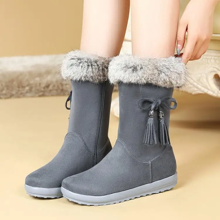 

Mid-calf Boots Women Winter Snow Brown Womens Shoes Black Short Plush Ladies Size 42 10 Low heels Zip Feather Flock Shoes Woman
